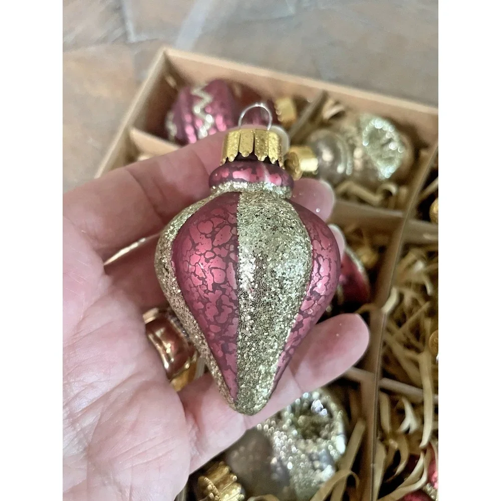 Vtg Set of 9 Ashland‎ Glass Glitter Frosted Pink Gold Christmas Ornaments NIB